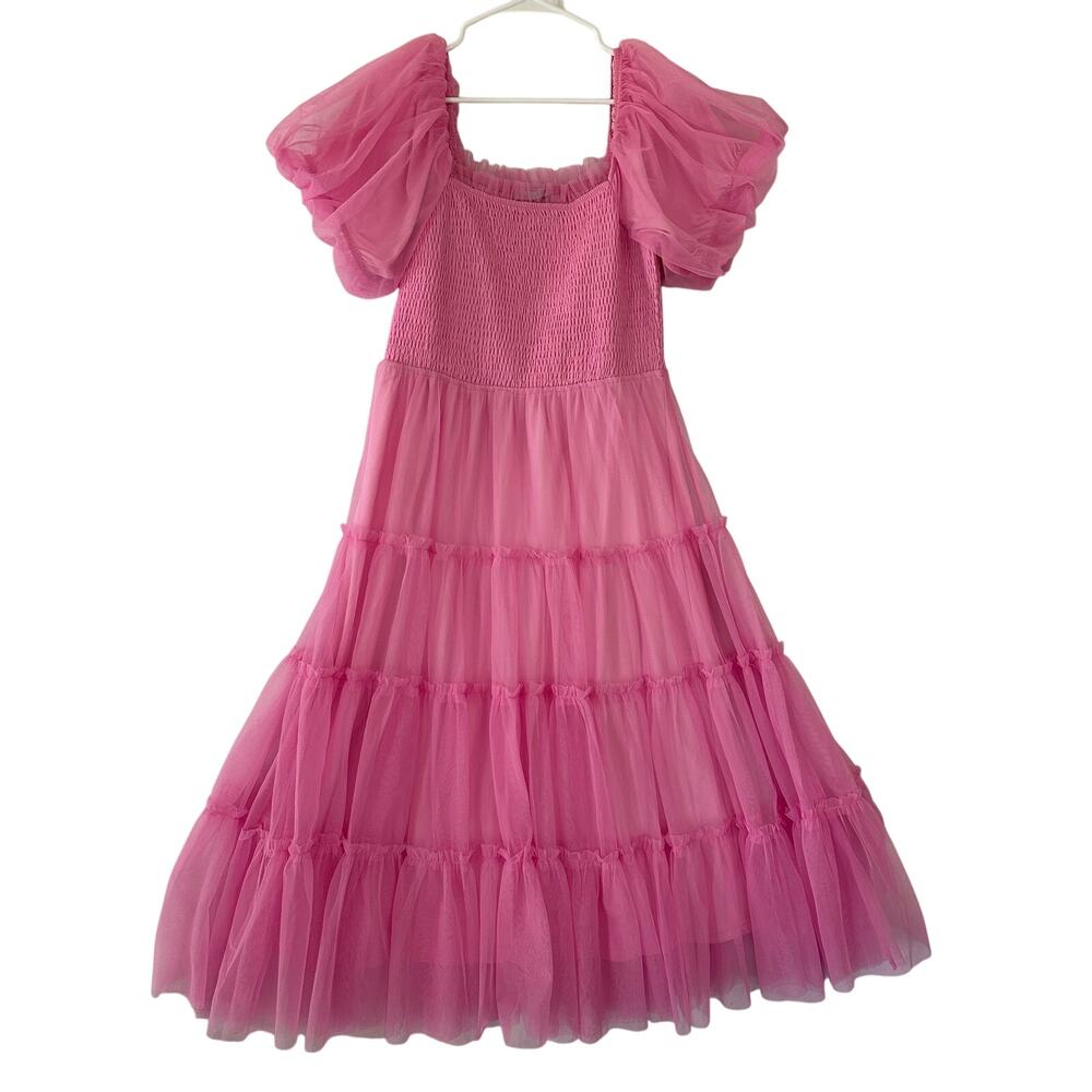 Baltic Born Smocked Pink Tulle Dress XL Lined Tier Ruffle Midi
